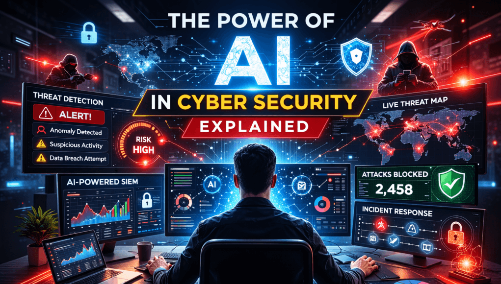The Power of AI in Cyber Security dashboard showing anomaly detection alerts and threat analytics in a SOC environment