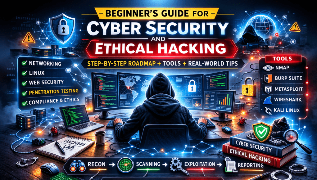Beginner’s guide for cyber security and ethical hacking showing penetration testing workflow and hacking tools dashboard