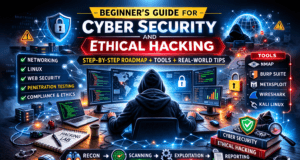 Beginner’s Guide for Cyber Security and Ethical Hacking (Step-by-Step 2026) Beginner’s guide for cyber security and ethical hacking showing penetration testing workflow and hacking tools dashboard