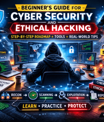Beginner’s Guide for Cyber Security and Ethical Hacking (Step-by-Step 2026) Beginner’s guide for cyber security and ethical hacking showing penetration testing workflow and hacking tools dashboard