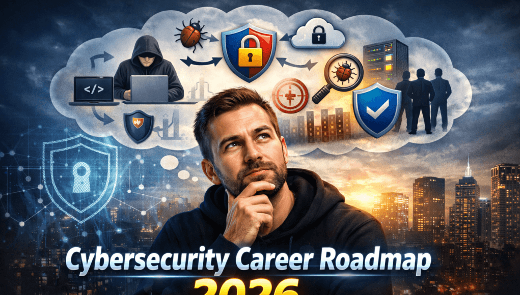Man thinking about cybersecurity career roadmap 2026 planning ethical hacking and cybersecurity profession
