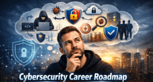 Cybersecurity Career Roadmap 2026 – Complete Beginner to Expert Guide Man thinking about cybersecurity career roadmap 2026 planning ethical hacking and cybersecurity profession