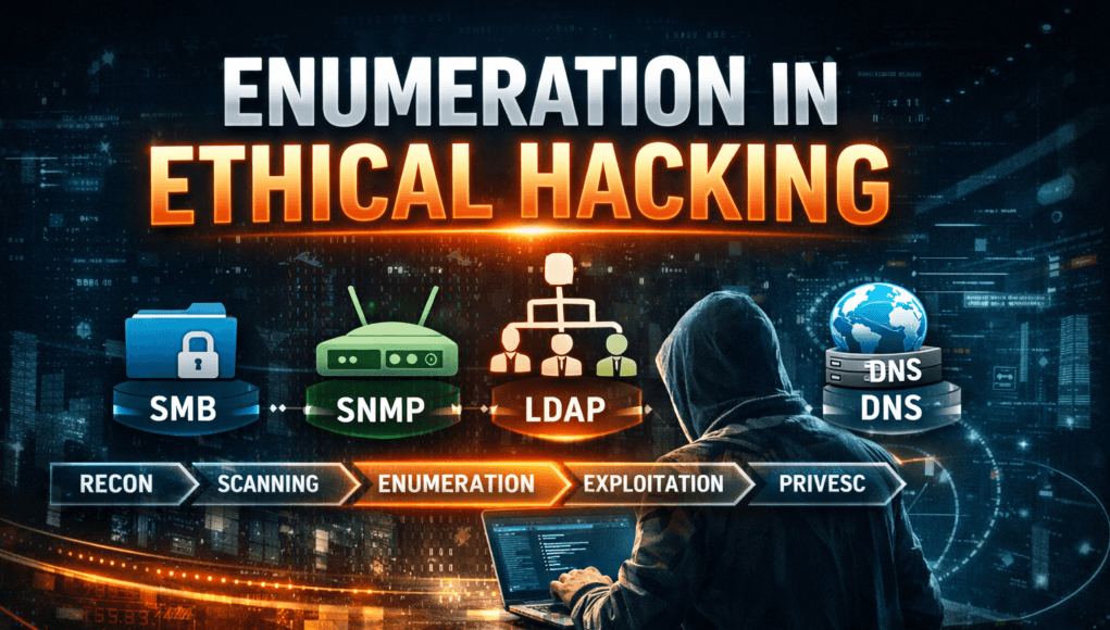 Enumeration in Ethical Hacking workflow showing SMB, SNMP, LDAP and DNS enumeration process in penetration testing
