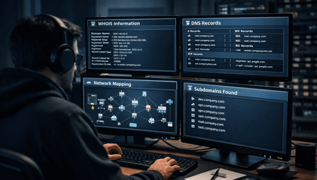 Footprinting and reconnaissance cyber analyst analyzing WHOIS, DNS records, subdomains, and network maps on multiple monitors
