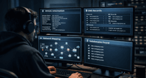Footprinting and Reconnaissance Tutorial (2026) – Complete Step-by-Step Guide Footprinting and reconnaissance cyber analyst analyzing WHOIS, DNS records, subdomains, and network maps on multiple monitors