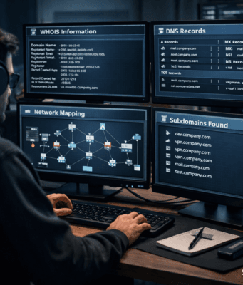 Footprinting and Reconnaissance Tutorial (2026) – Complete Step-by-Step Guide Footprinting and reconnaissance cyber analyst analyzing WHOIS, DNS records, subdomains, and network maps on multiple monitors