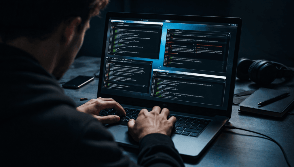 Cybersecurity expert typing Kali Linux commands in terminal for ethical hacking and penetration testing workflow