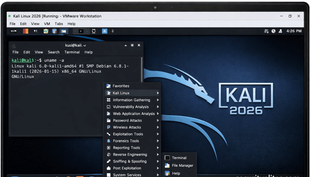 Kali Linux Installation Guide 2026 desktop interface running inside VMware showing terminal and tool menu