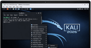 Kali Linux Installation Guide (2026) – Step-by-Step Kali Linux Installation Guide 2026 desktop interface running inside VMware showing terminal and tool menu