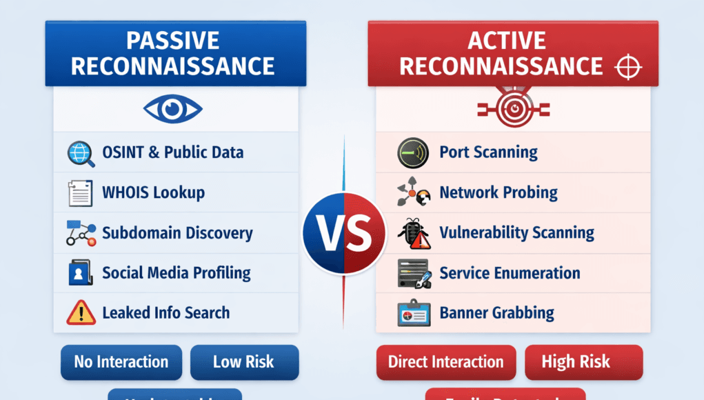 Passive vs Active Reconnaissance comparison diagram showing OSINT methods vs network scanning techniques