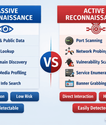 Passive vs Active Reconnaissance – Real Hacker Methods Explained Passive vs Active Reconnaissance comparison diagram showing OSINT methods vs network scanning techniques
