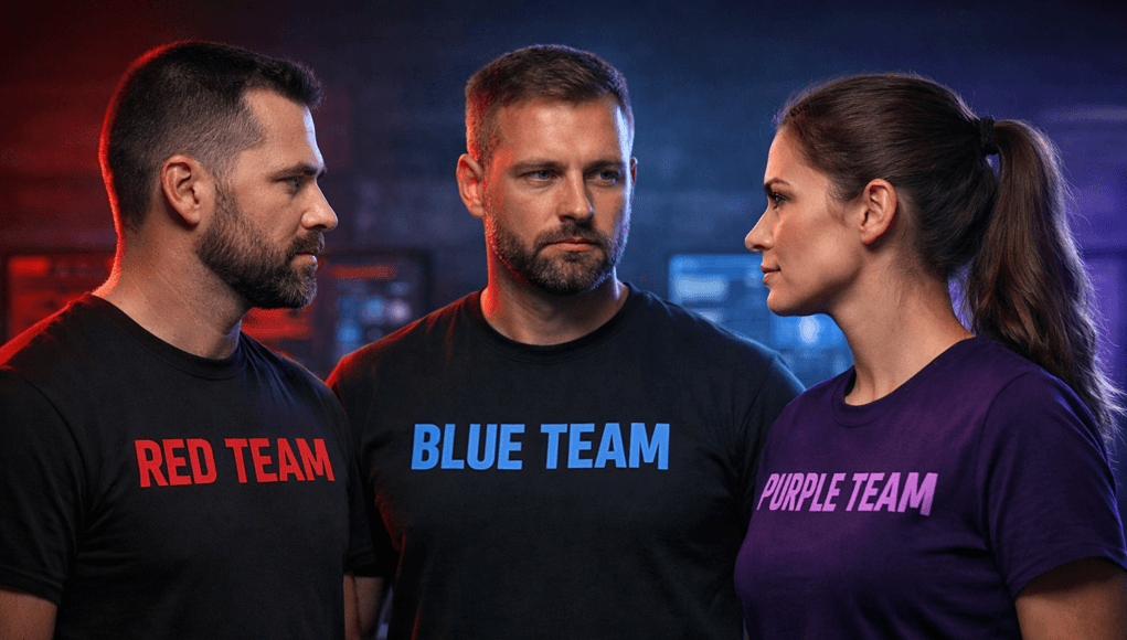 Red Team vs Blue Team vs Purple Team cybersecurity professionals facing each other during security testing collaboration
