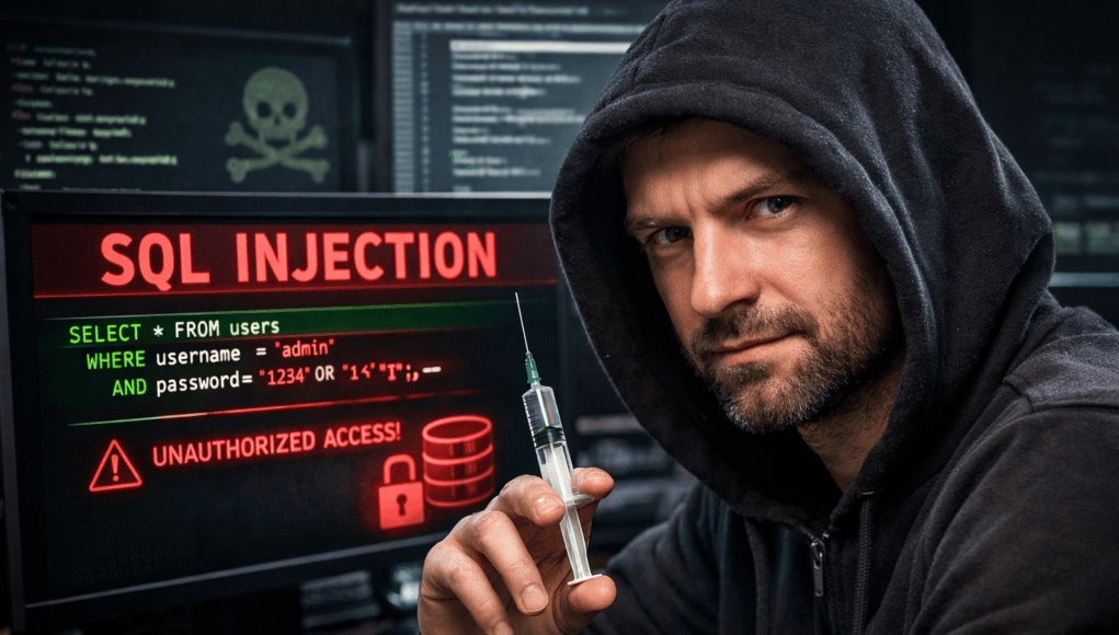 SQL Injection tutorial step-by-step ethical hacking demonstration showing cybersecurity expert testing database vulnerability on computer screen