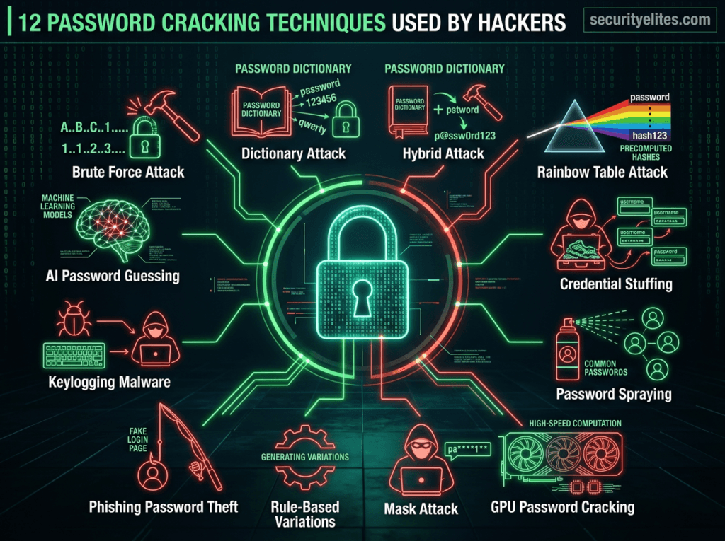 infographic showing 12 password cracking techniques used by hackers including brute force dictionary attack rainbow table and credential stuffing