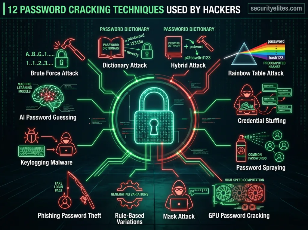 12 password cracking techniques infographic cybersecurity image 1 infographic showing 12 password cracking techniques used by hackers including brute force dictionary attack rainbow table and credential stuffing