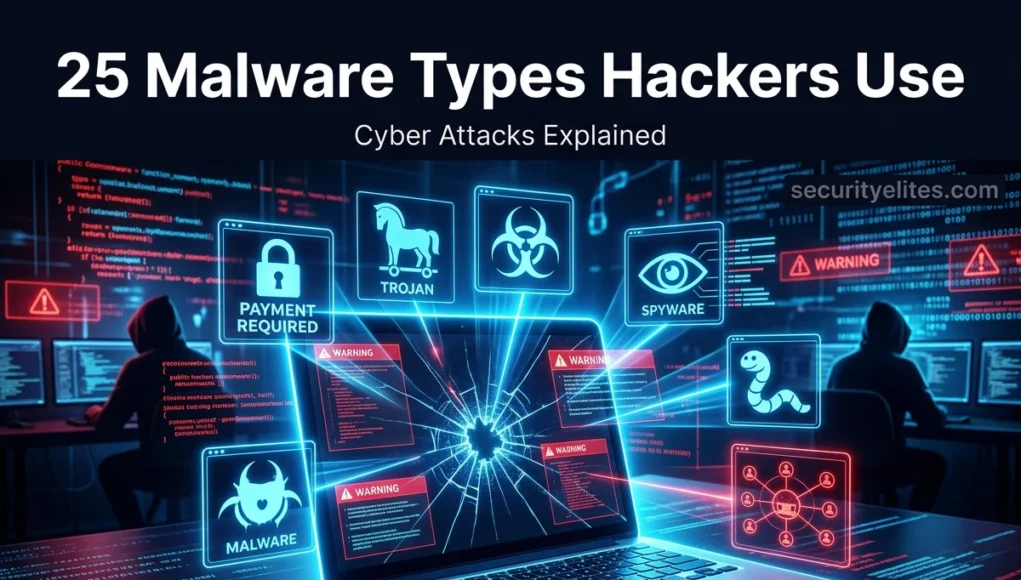 25 types of malware hackers use ransomware trojan spyware virus cybersecurity illustration