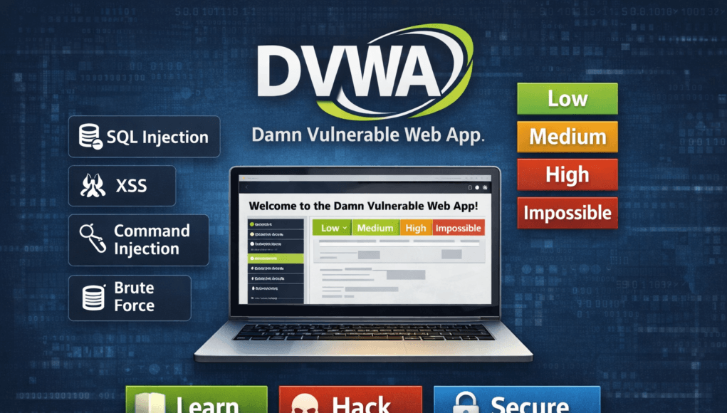 DVWA Web Hacking Complete Course showing ethical hacker learning penetration testing using Kali Linux and vulnerable web application lab