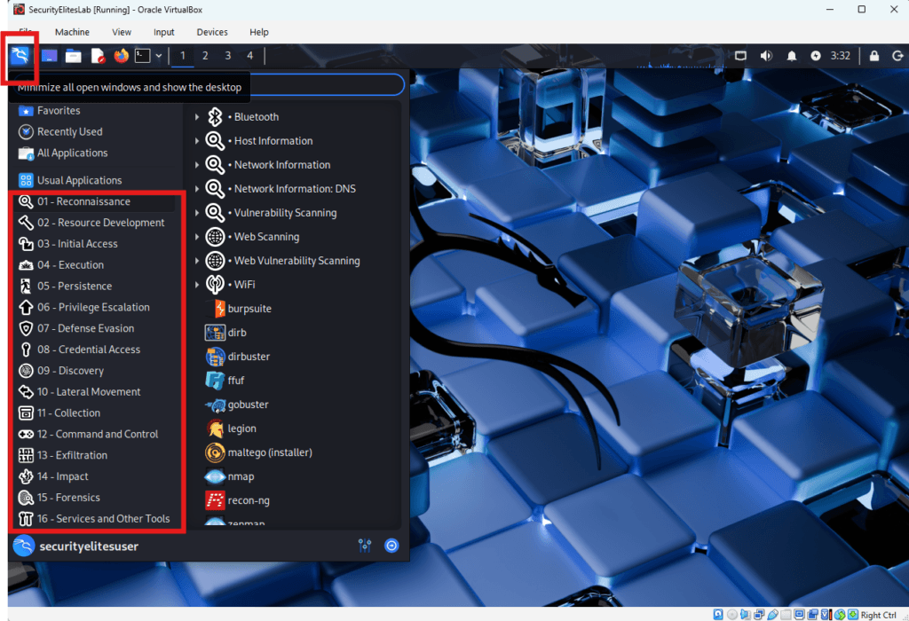 Kali Linux Applications Menu to view all Tools