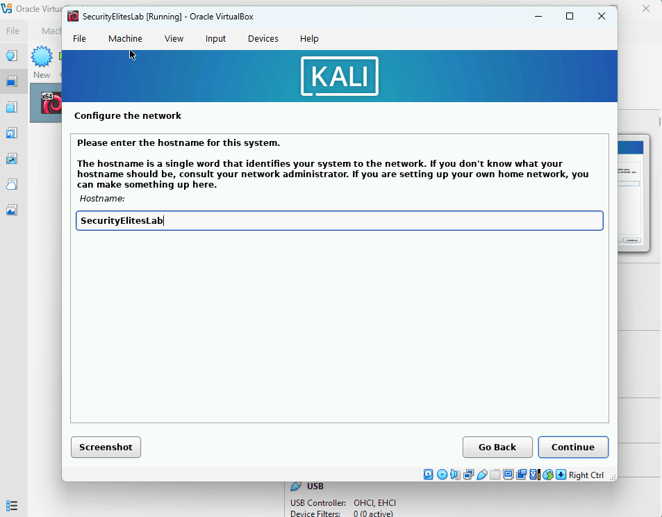 kali linux tutorial kali linux installation Hostname selection screen