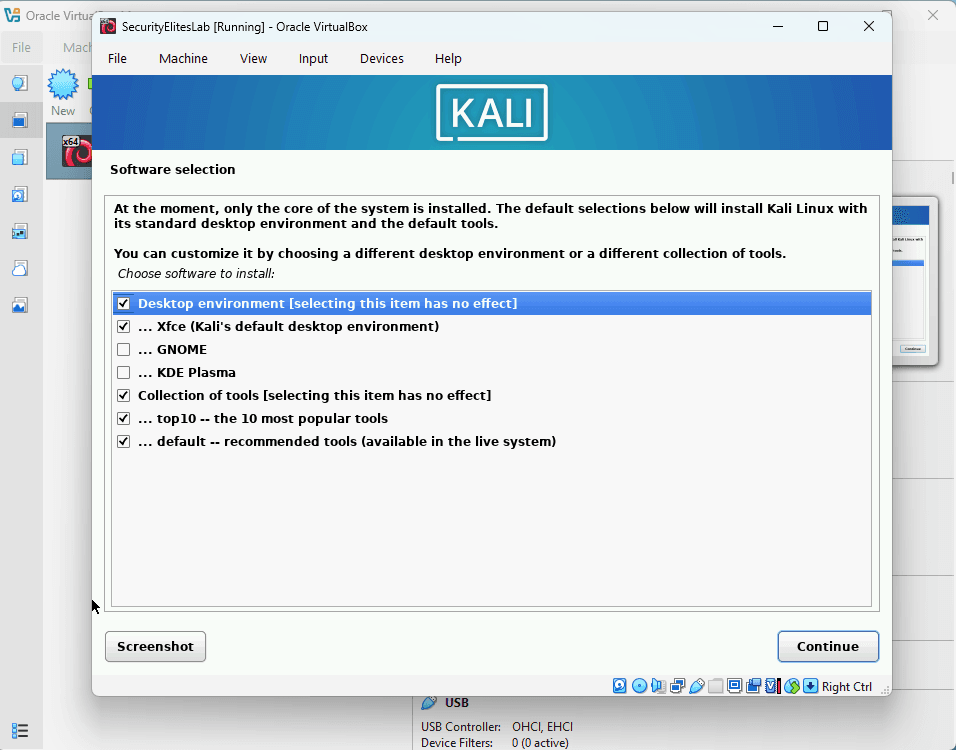Kali Linux Install Tutorial - Software Selection Screen