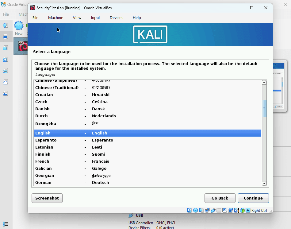 kali linux tutorial kali linux installation language selection screen