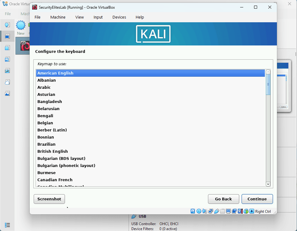 kali linux tutorial kali linux installation keyboard selection screen