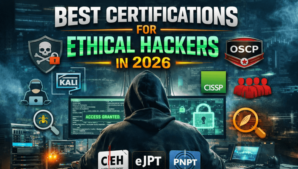 Best Certifications for Ethical Hackers in 2026 roadmap showing CEH, OSCP, PNPT and CISSP cybersecurity certifications