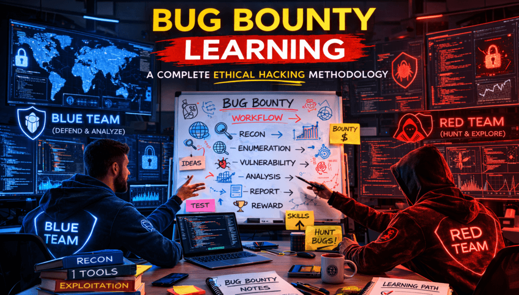 Bug Bounty Hunting Methodology workflow showing Red Team and Blue Team ethical hackers discussing vulnerability assessment and security testing