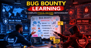 Bug Bounty Hunting Methodology: Complete Ethical Hacker Workflow Guide Bug Bounty Hunting Methodology workflow showing Red Team and Blue Team ethical hackers discussing vulnerability assessment and security testing