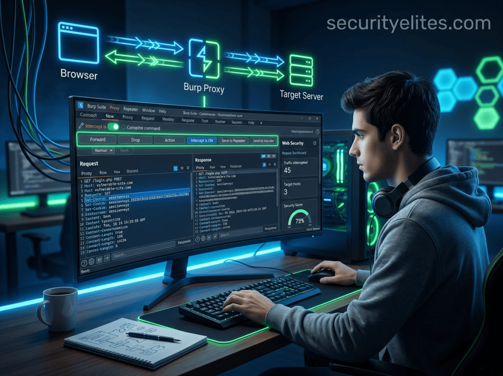Burp Suite basic commands cheat sheet showing proxy intercept forward send to repeater and intruder used in web application penetration testing