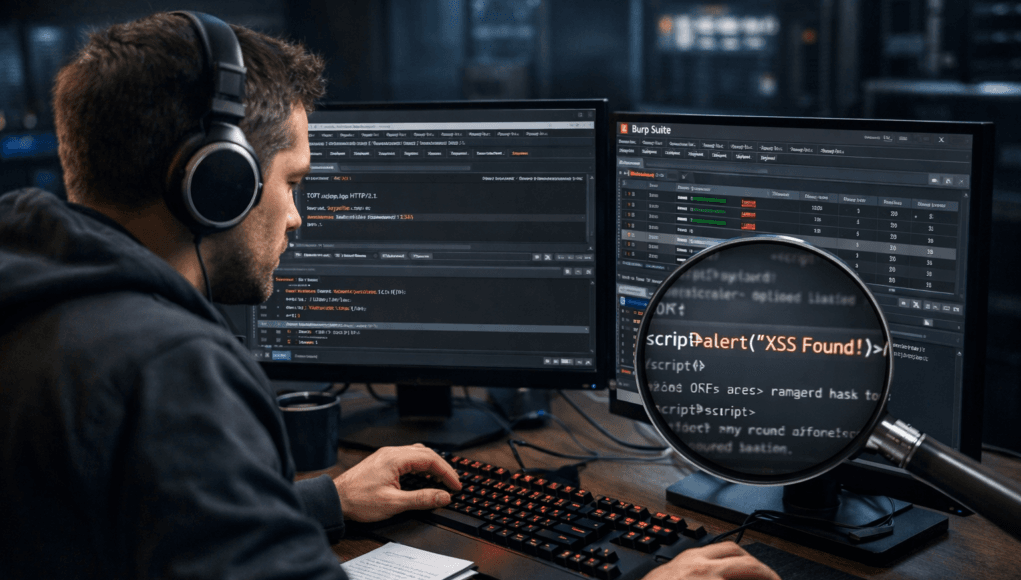 Ethical hacker using Burp Suite to intercept web application traffic and discover vulnerabilities during penetration testing