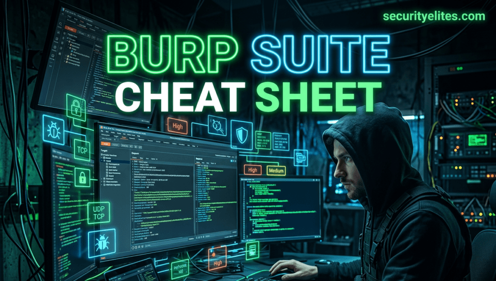Burp Suite Cheat Sheet showing HTTP request interception and web penetration testing workflow used by ethical hackers on Kali Linux