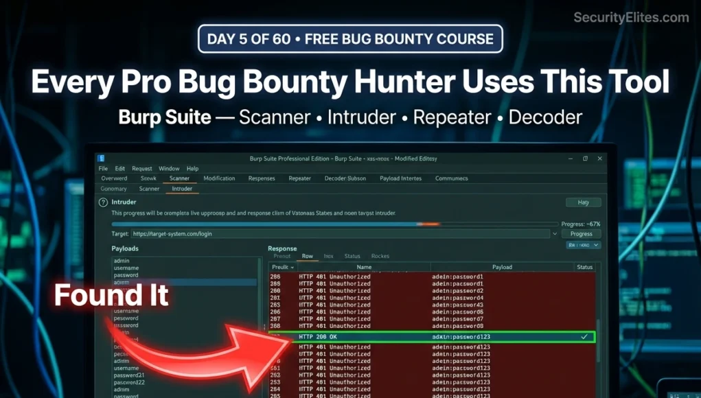 Burp Suite deep dive for beginners showing Intruder attack finding vulnerability HTTP 200 response
