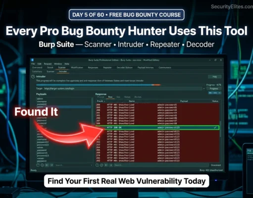 Day 5: Burp Suite Deep Dive for Beginners — Scanner, Intruder, Decoder & Your First Real Vulnerability Test (2026) Burp Suite deep dive for beginners showing Intruder attack finding vulnerability HTTP 200 response