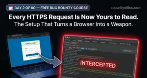 Day 2: Setting Up Your Bug Bounty Hacking Lab — Burp Suite, Firefox & Your First Intercepted HTTP Request (2026) Burp Suite setup for bug bounty showing intercepted HTTPS request in Firefox using FoxyProxy