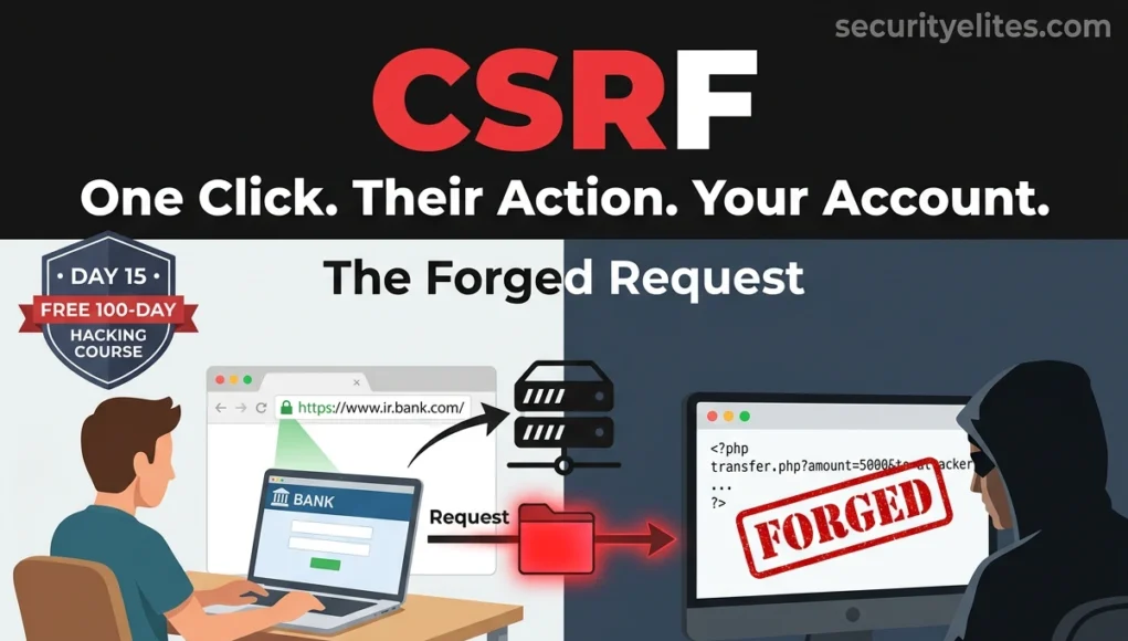 CSRF attacks explained showing forged bank transfer request and authentication bypass example
