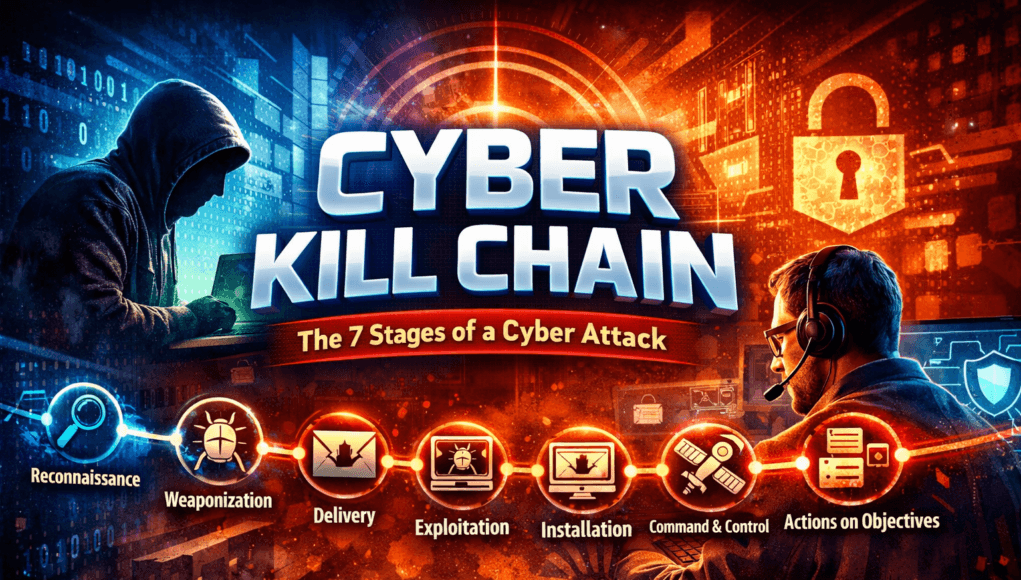 Cyber Kill Chain diagram showing the 7 stages of a cyber attack lifecycle including reconnaissance weaponization delivery exploitation installation command and control and actions on objectives