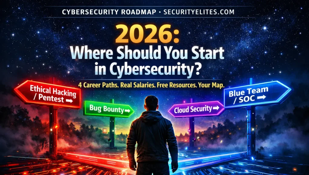 Cybersecurity for beginners where to start in 2026 showing 4 career paths ethical hacking blue team bug bounty and cloud security roadmap