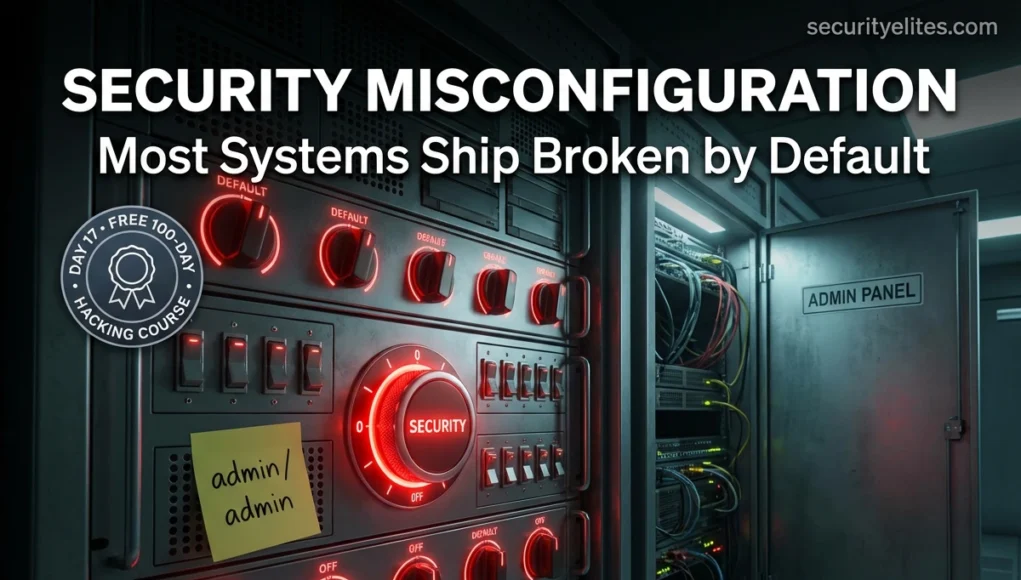 Security misconfiguration examples showing default credentials admin panel and insecure server settings