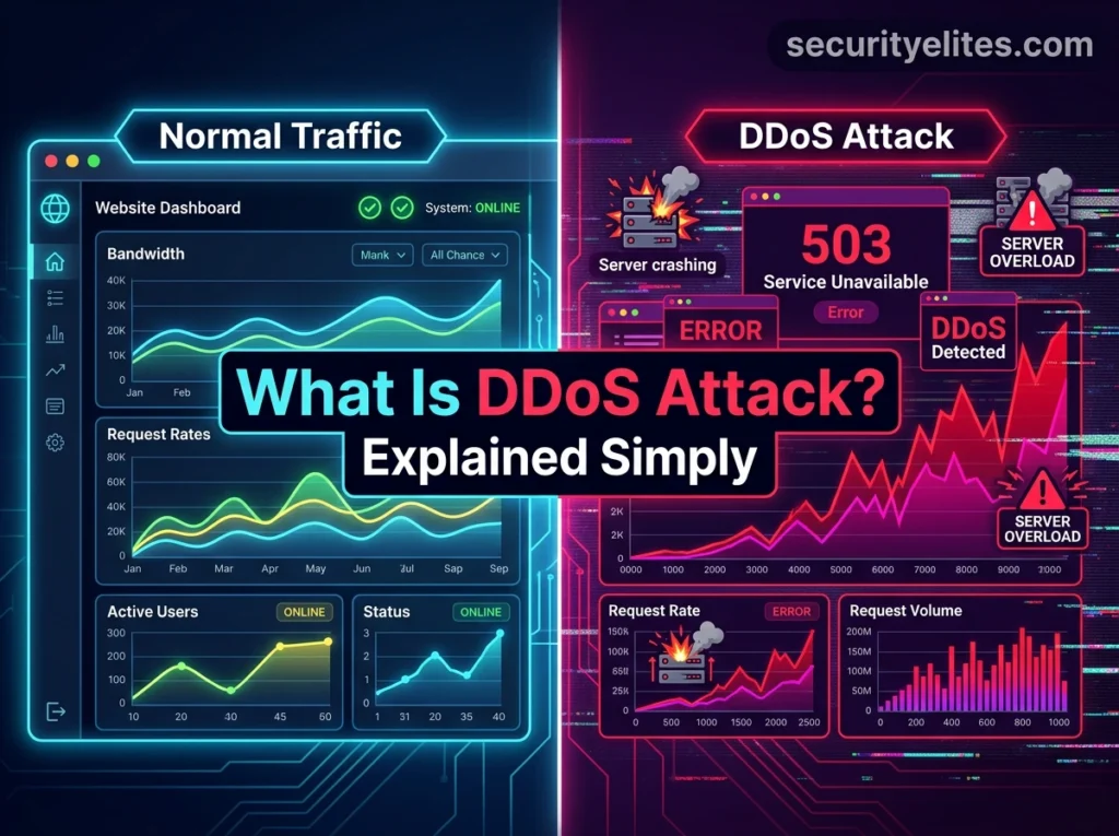 DDoS attack before and after comparison showing normal traffic vs website crash