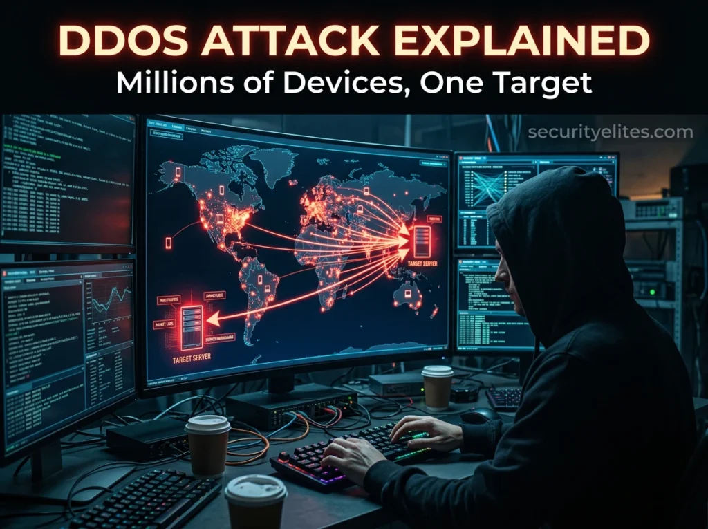 Hacker controlling botnet launching DDoS attack on server with multiple devices