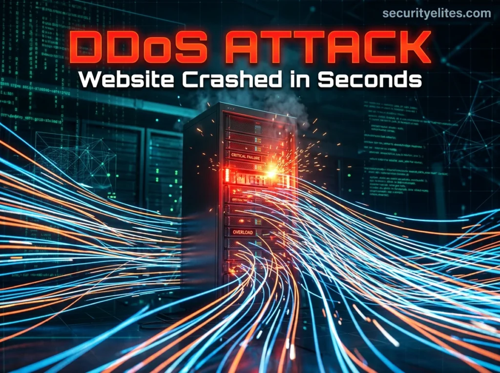 DDoS attack traffic flood overwhelming server causing website crash visualization