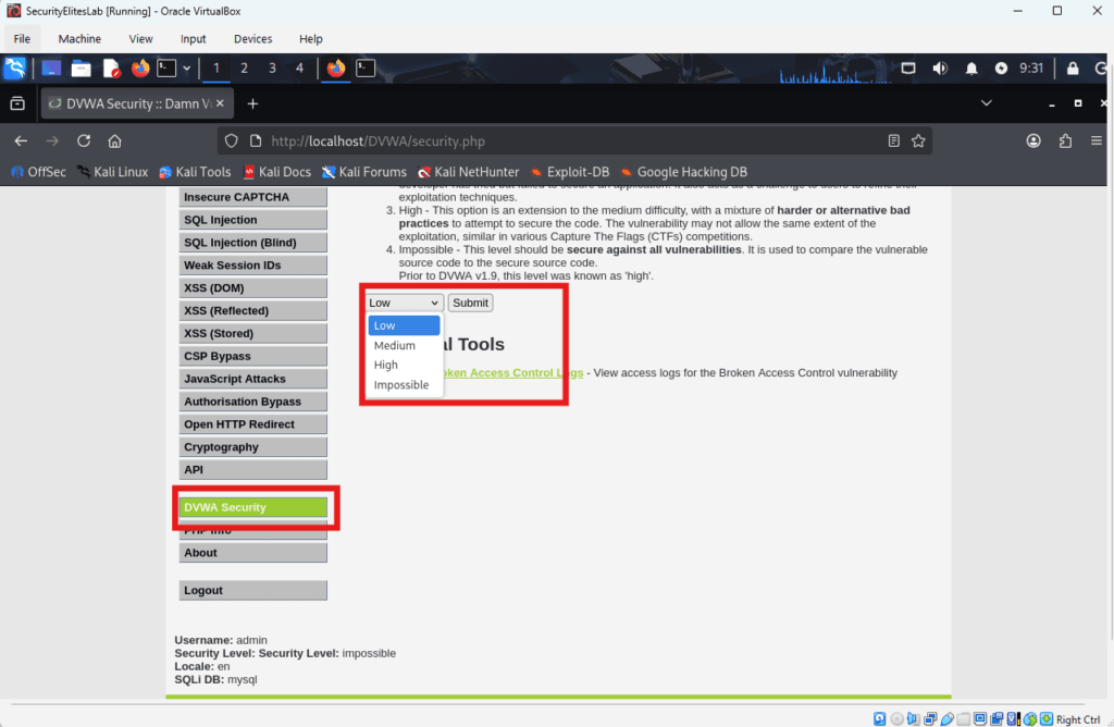 DVWA dashboard showing vulnerability modules for SQL injection practice