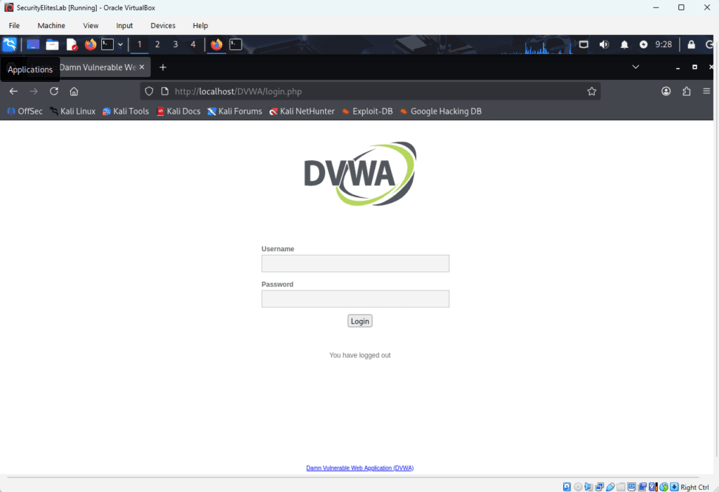 DVWA login page used for practicing SQL injection attacks in an ethical hacking lab