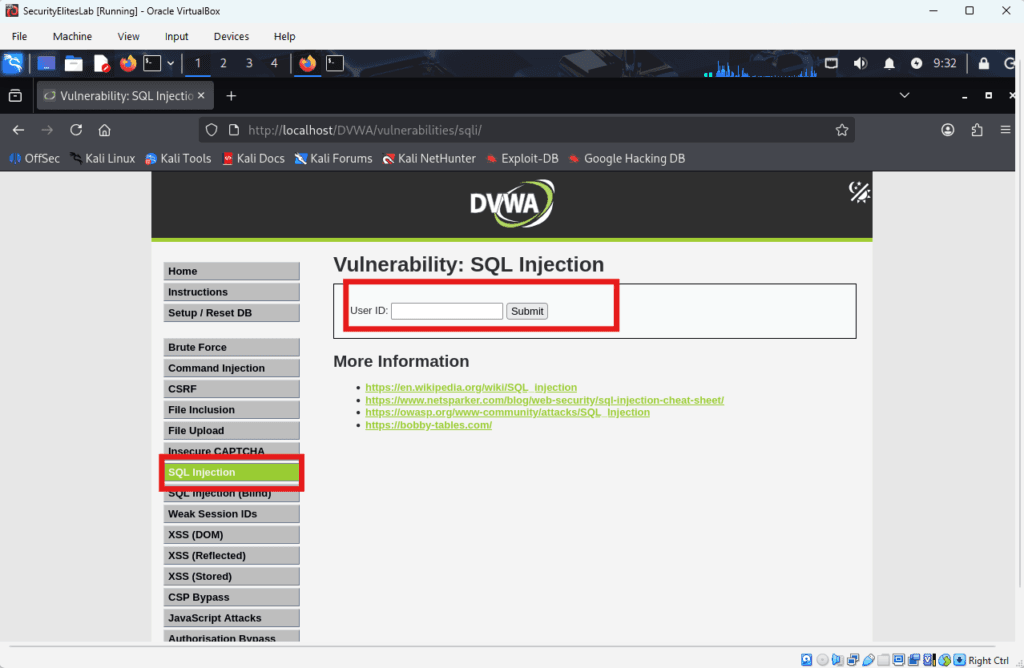DVWA SQL injection vulnerability page used for penetration testing practice