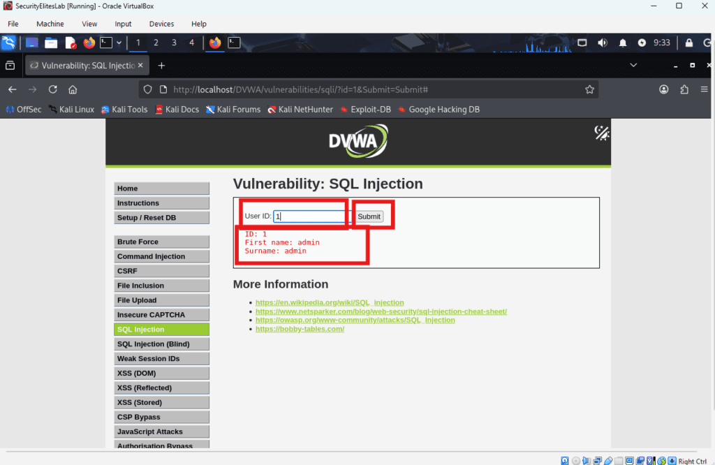 Testing SQL injection payload in DVWA user ID field
