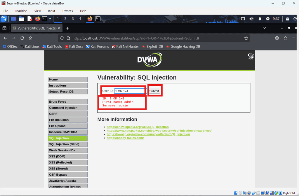 Successful SQL injection attack displaying database records in DVWA