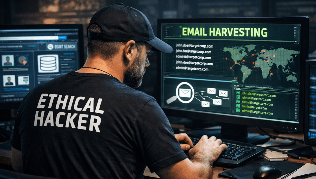 Ethical hacker performing OSINT email harvesting during reconnaissance phase of ethical hacking
