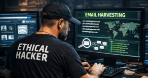 Email Harvesting Tutorial for Ethical Hackers – Beginner to Pro Guide Ethical hacker performing OSINT email harvesting during reconnaissance phase of ethical hacking